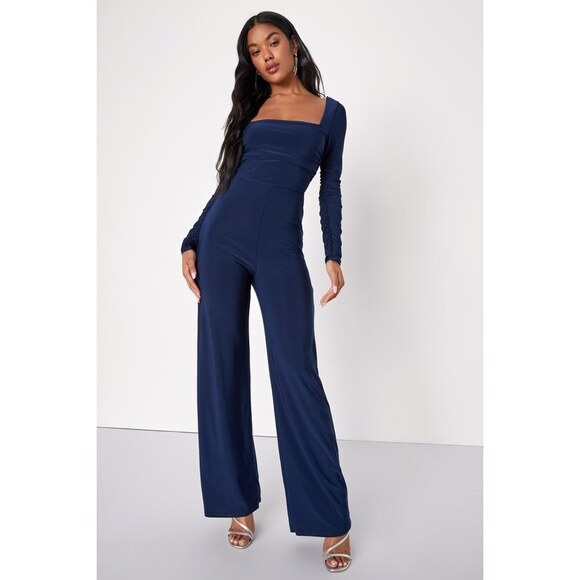 Lulus Pants - Contemporary Allure Navy Blue Ruched Long Sleeve Jumpsuit